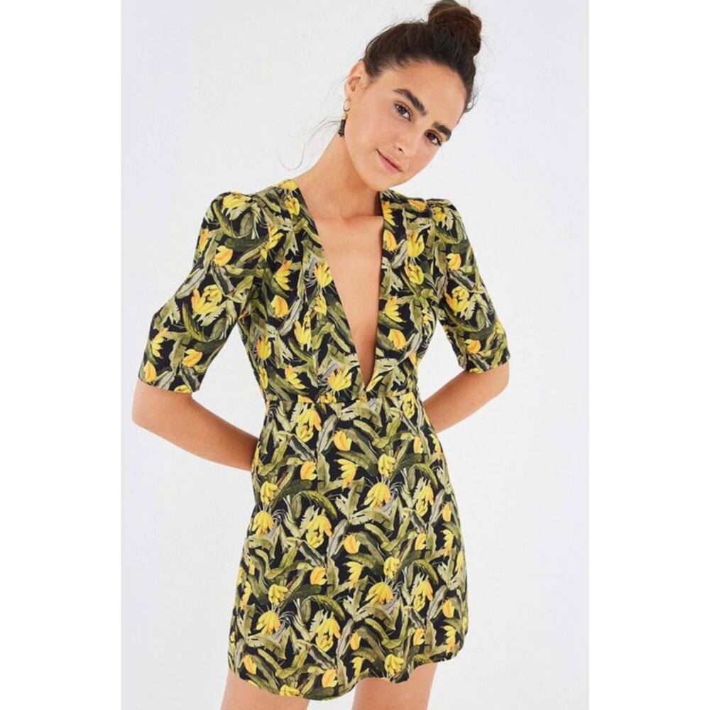 Farm Rio Banana Print Deep V Neck Princess Sleeve Short Black & Green Dress XS